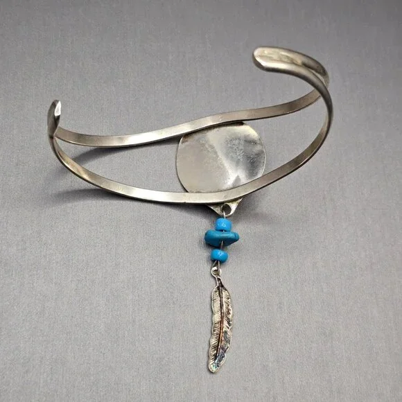 VTG Southwestern Sterling Silver Bracelet 6.75" Crushed Turquoise Feather Charm - Picture 7 of 15